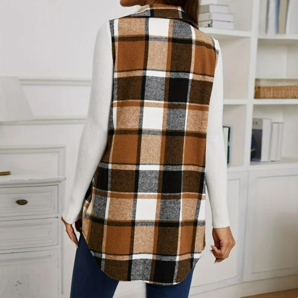 Precious Plaid Sleeveless Shirt/Vest/Shacket In Tan/Black/White - Picture 5 of 12